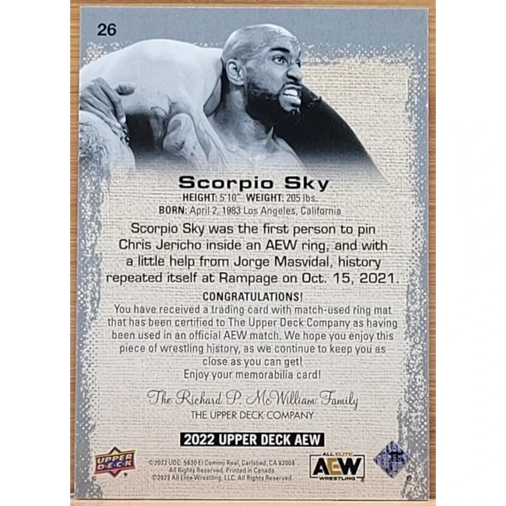 2022 UPPER‎ DECK AEW SCORPIO SKY  MAT RED RELIC #D/50